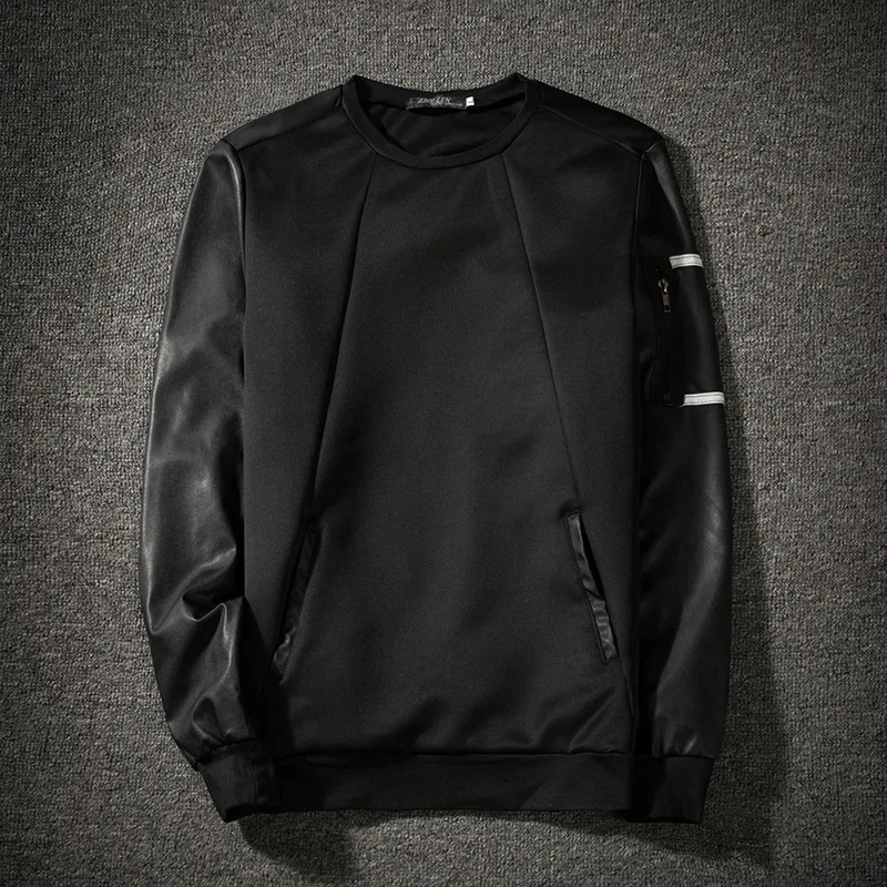 

Men Round Neck Collar PU Sleeves Long Sleeve Coat Tops Hoodie Sweatshirt Hooded Men Casual 2colour