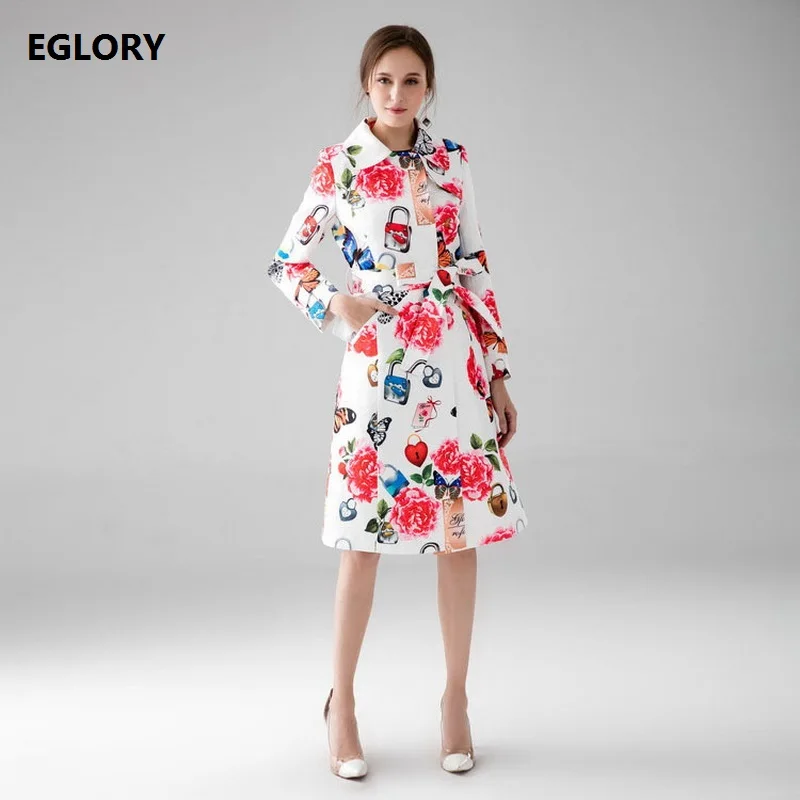 

New Big Size Women Trench Coat Outerwear 2017 Autumn Winter Colorful Floral Butterfly Print Jacquard Coat Windbreaker 7xl 6xl