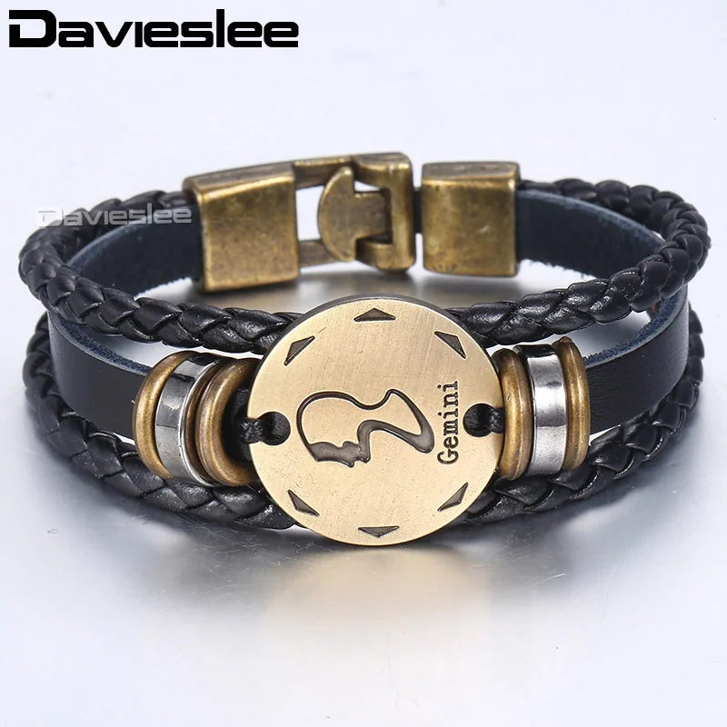Davieslee 12 Кожаный браслет для мужчин, винтажные Ретро Браслеты, мужские ювелирные изделия, подарки, Знак зодиака Leo DLBM136A - Окраска металла: LB728 Gemini