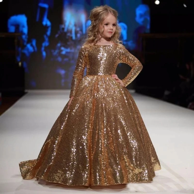 

Gold little Girls Dresses Floor Length Ball Gowns For Kids Birthday Party Dress For Girls Fancy Flower Girls Dresses 2-12 Y