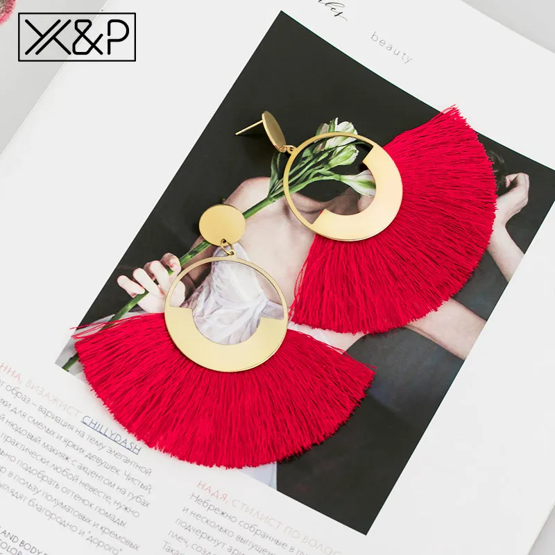 Red 2 X& P модные богемные серьги с большими кисточками для женщин трендовые массивные крупные висячие серьги с бахромой Za Pendientes ювелирные изделия - Окраска металла: Red 2