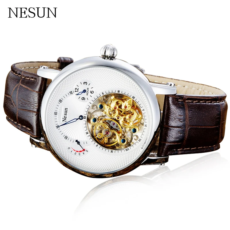 Роскошные NESUN мужские полые турбийон часы бизнес автоматические механические