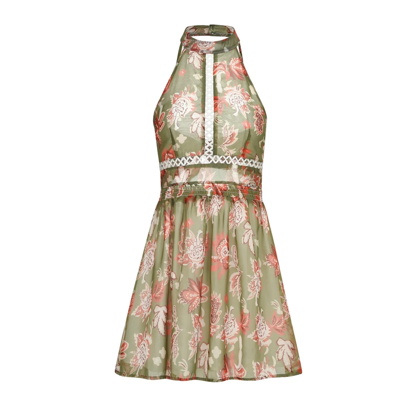 Модное Платье с вырезом на талии и галстуком на шее, украшенное кружевом и принтом, новый стиль для женщин на летних вечеринках 2019.