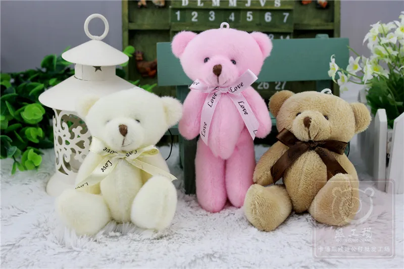 

12pcs/lot 13-14cm mini joint teddy bear girls key bag pendants with bow tie Love wedding car decoration birthday party gifts