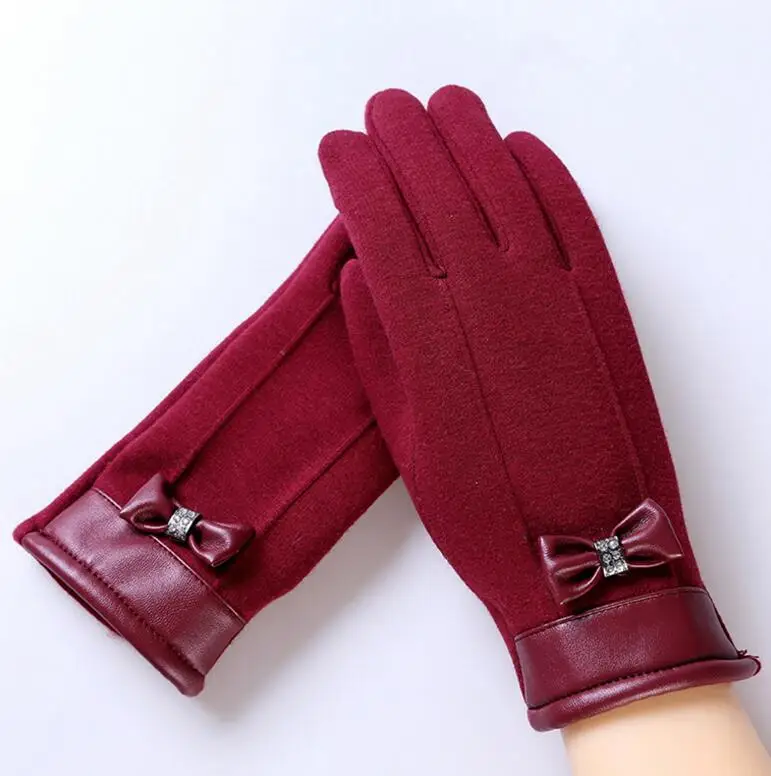 G040 013D Red YRRETY, кружевные, с бантом-бабочкой, женские, новые, зима-осень, теплые, из искусственного кроличьего меха, шерстяные перчатки, женские, для девушек, перчатки, аксессуары рукавички - Цвет: G040 013D Red