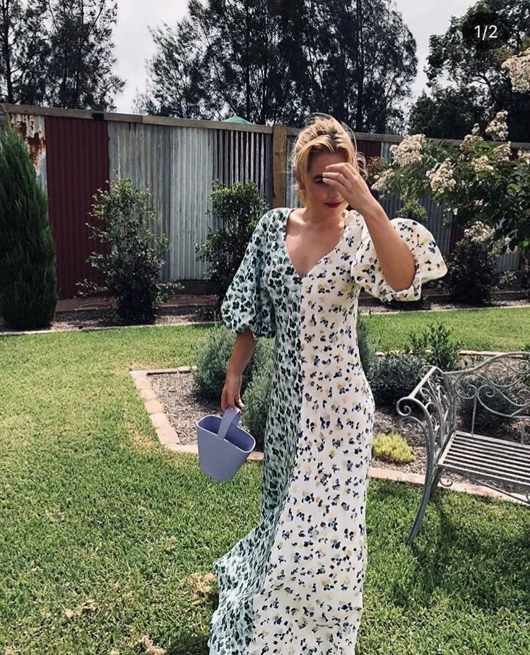 2019 Summer Deep V-neck Chiffon dress Puff Sleeve flower print Long Dress contrast color symmetry Vintage Fashion maxi M | Женская