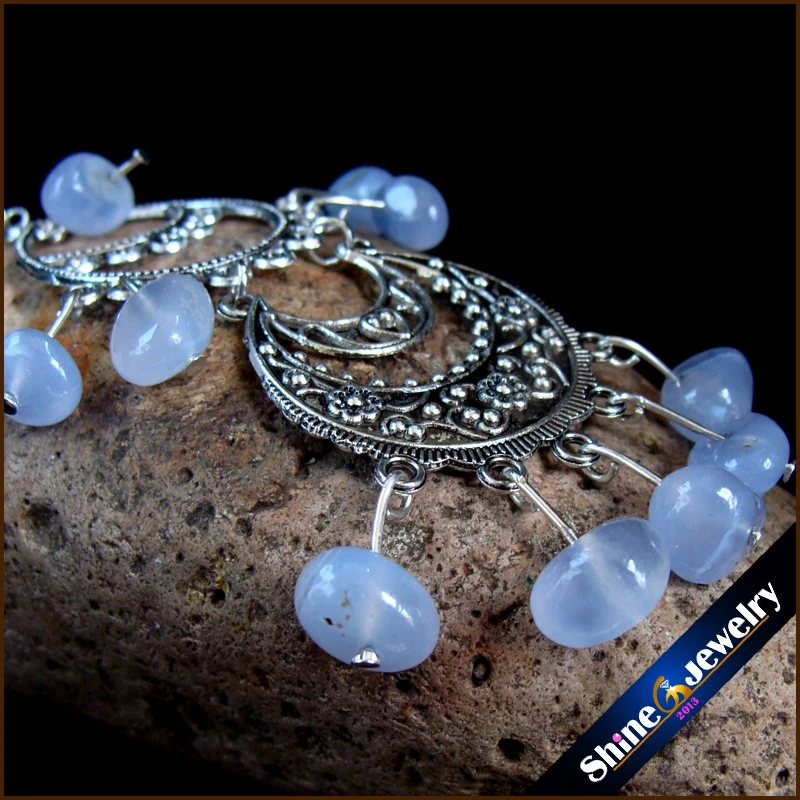 Женские винтажные серьги в тибетском стиле длинные висячие с натуральным синим