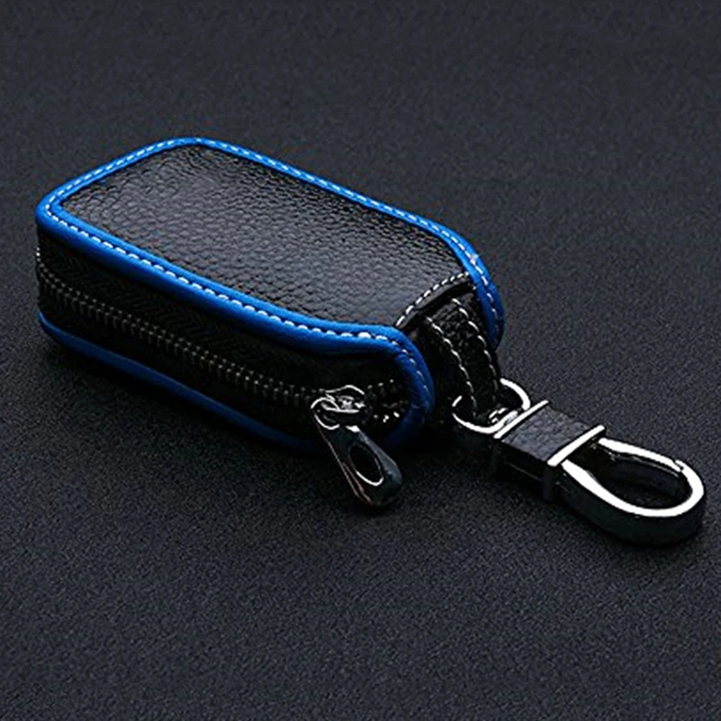 Black+Blue Leather Car Key Holder Keychain Fob Case Cover Wallet Bag Zipper | Автомобили и мотоциклы