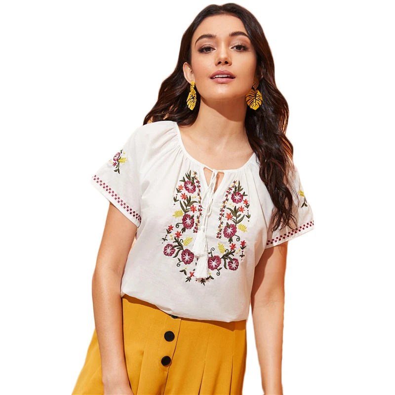 SHEIN богемский белый топ с вышивкой и кисточками Peekaboo, женская летняя блузка с круглым вырезом, женские блузки с коротким рукавом
