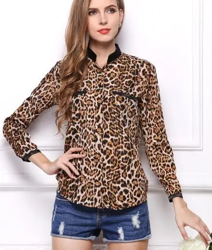 Tenglongwl Шифоновая блузка Для женщин Лето LEOPARD отложным воротником блузки рубашка с