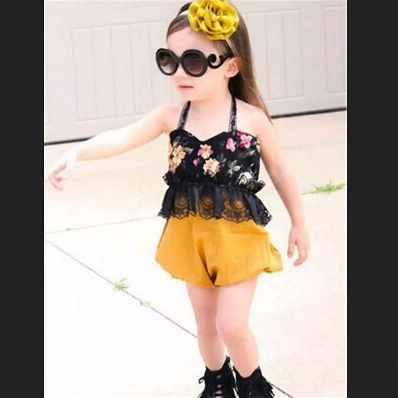 2017 г. Милая Одежда для новорожденных девочек кружевной жилет Топ + короткие штаны