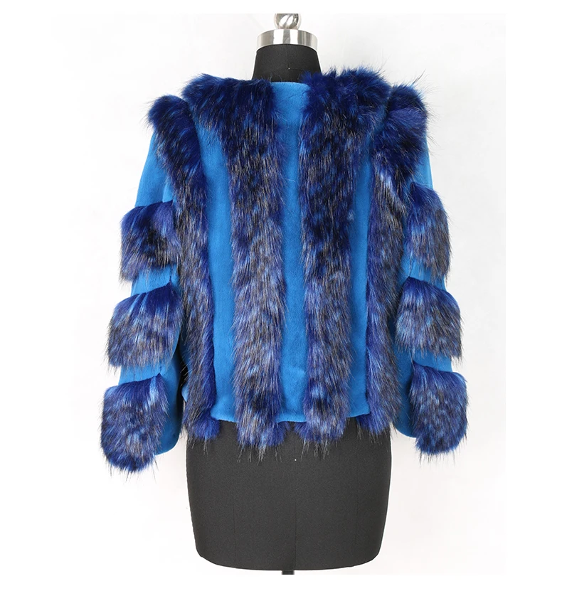 Nerazzurri Winter fox fur and rex rabbit fur color block patchwork fake fur jacket blue short warm big size faux fur coat women