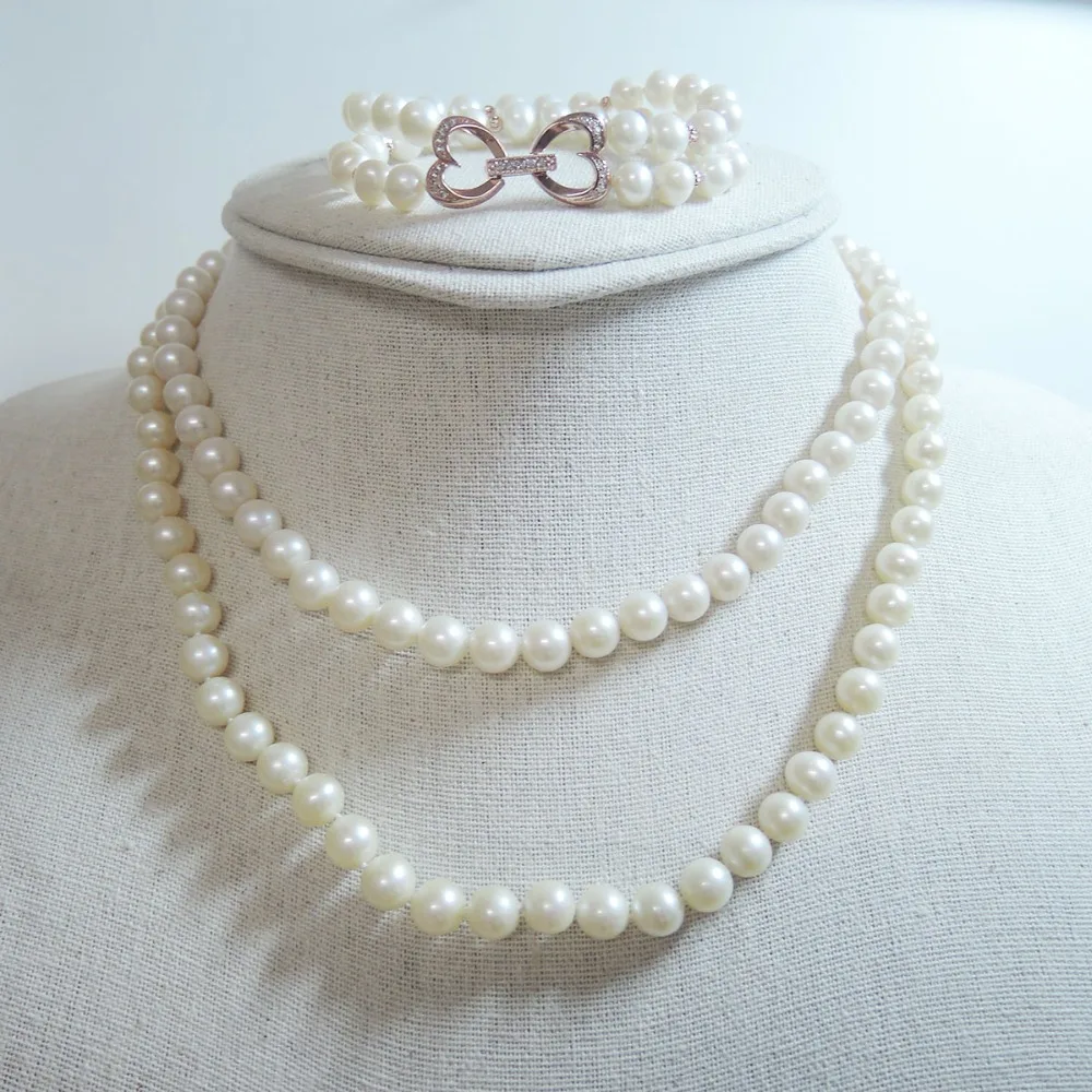 

100% NATURE FRESHWATER PEARL JEWELRY SET WITH NECKLACE AND BRACELET,DOUBLE CHAIN ,AAA pearls