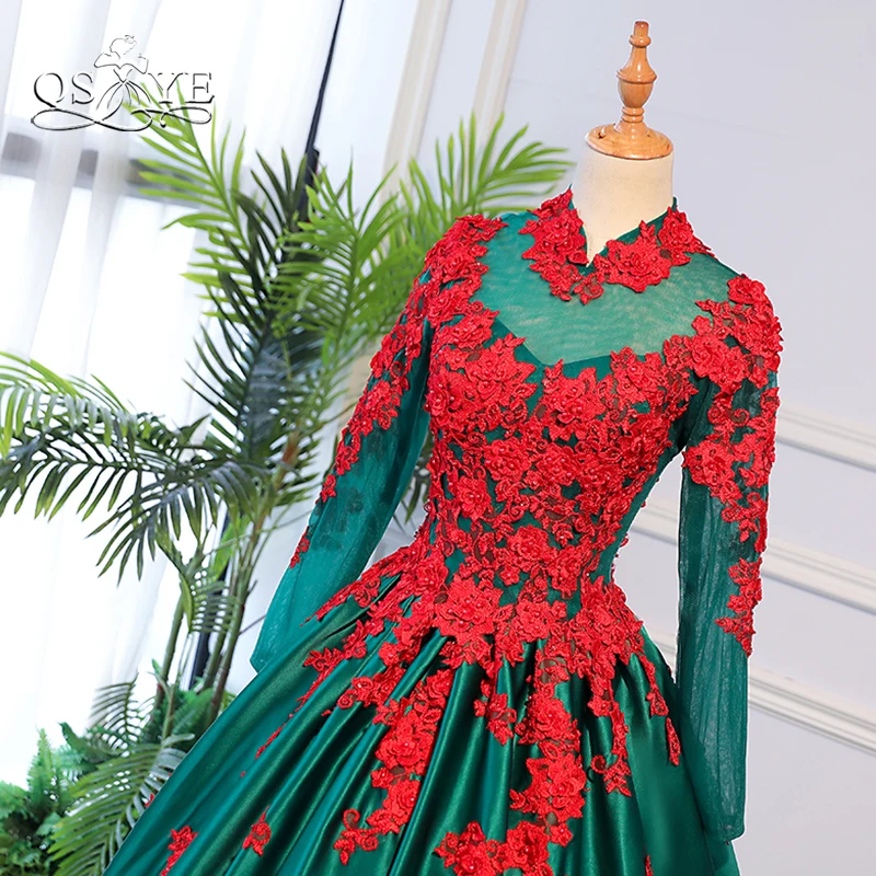 QSYYE 2019 Ball Gown Prom Dresses Red Lace with Beads Long Sleeves Green Satin Floor Length Formal Evening Dress Party Gowns | Свадьбы и
