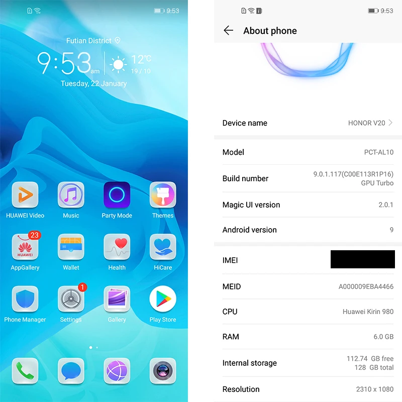 Honor View 20, Смартфон honor V20, 6,4 дюймов, Android 9, 6 ГБ ОЗУ, 128 Гб ПЗУ, NFC, быстрая зарядка, 48мп, 3D камера, мобильный телефон