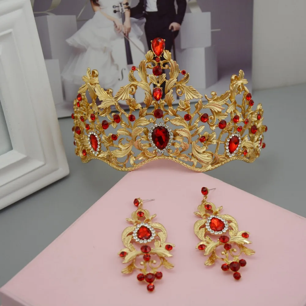 SLBRIDAL Gorgeous Baroque Style Gold Leaf Red Green Crystal Wedding Tiara Crown Earring Set Pageant Bridal Queen Princess | Украшения и