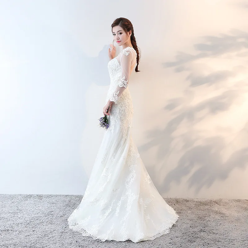 Vivian's Bridal 2018 корейский стиль белое свадебное платье Русалка Иллюзия Кружева