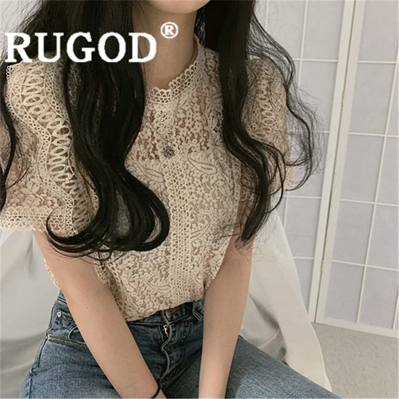 RUGOD Женская однотонная винтажная блузка с круглым вырезом и кружевной вышивкой