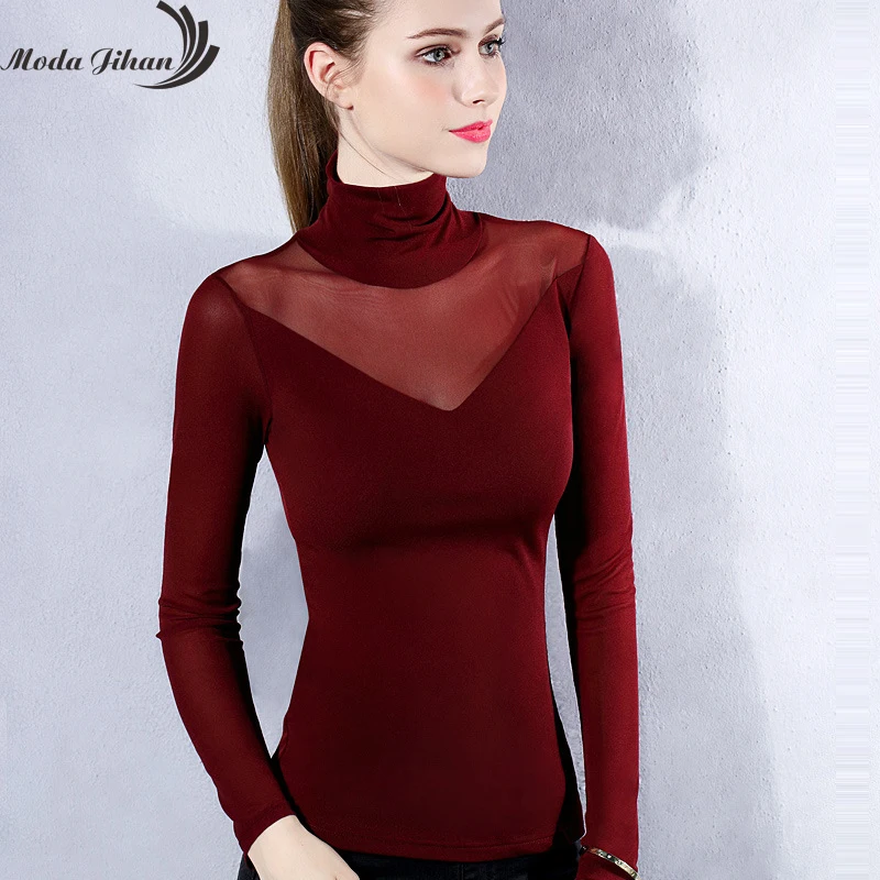 Moda Jihan Женская сетчатая нижняя рубашка растягивающийся высокий воротник
