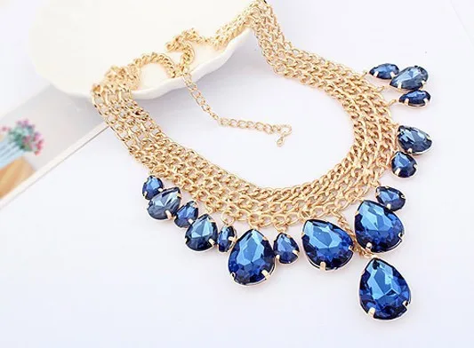 

Fashion Gold Tone Three Rows Curb Thick Chain Acrylic Transparent Drop Tassel Bib Statement Necklace