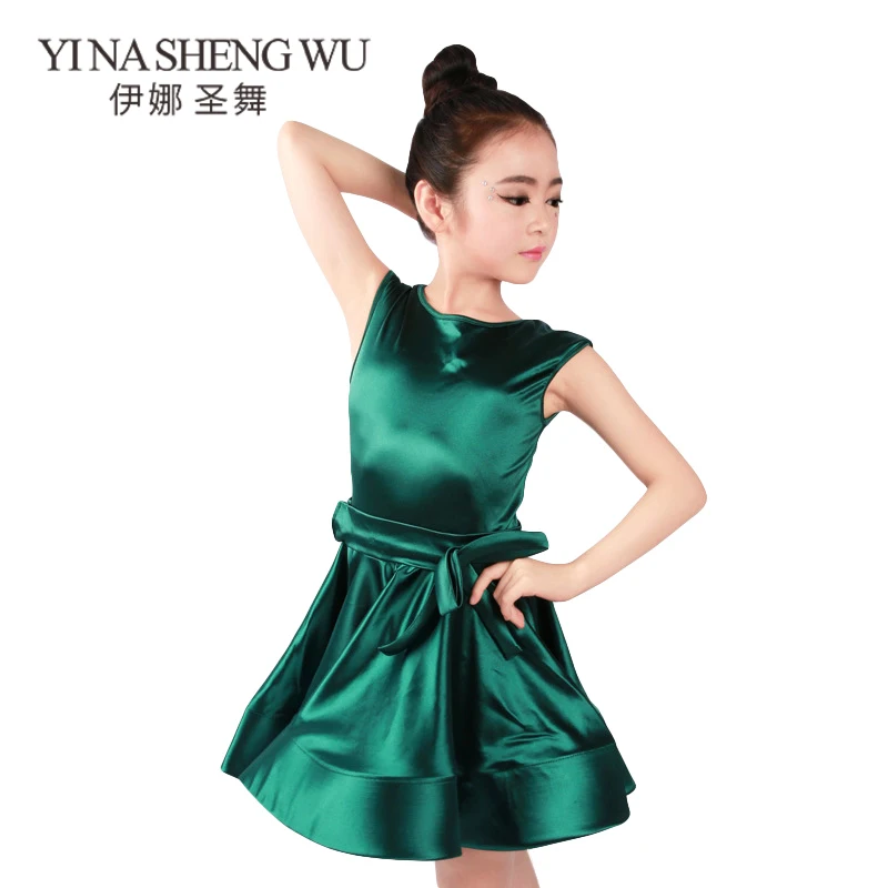 

New Latin Dance Clothes Sleeveless Shiny Satin Children Latin Dance Dress Professional Latin Salsa Rumba Cha Cha Dance Costumes
