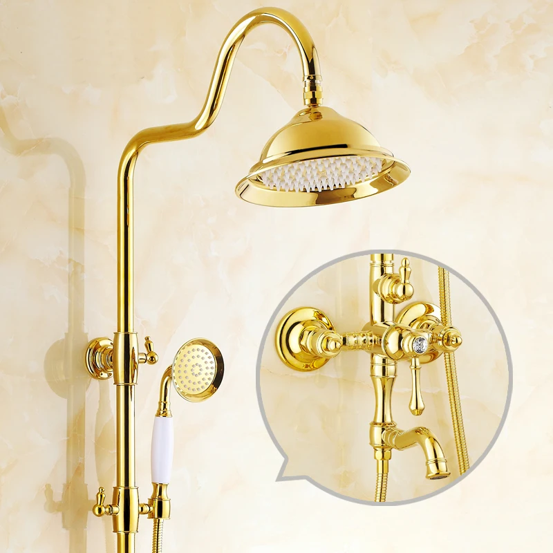 

Gold Plated diamond shower faucet set wall mounted Antique rain shower faucet mixer tap Bathroom shower faucet+doule shower head