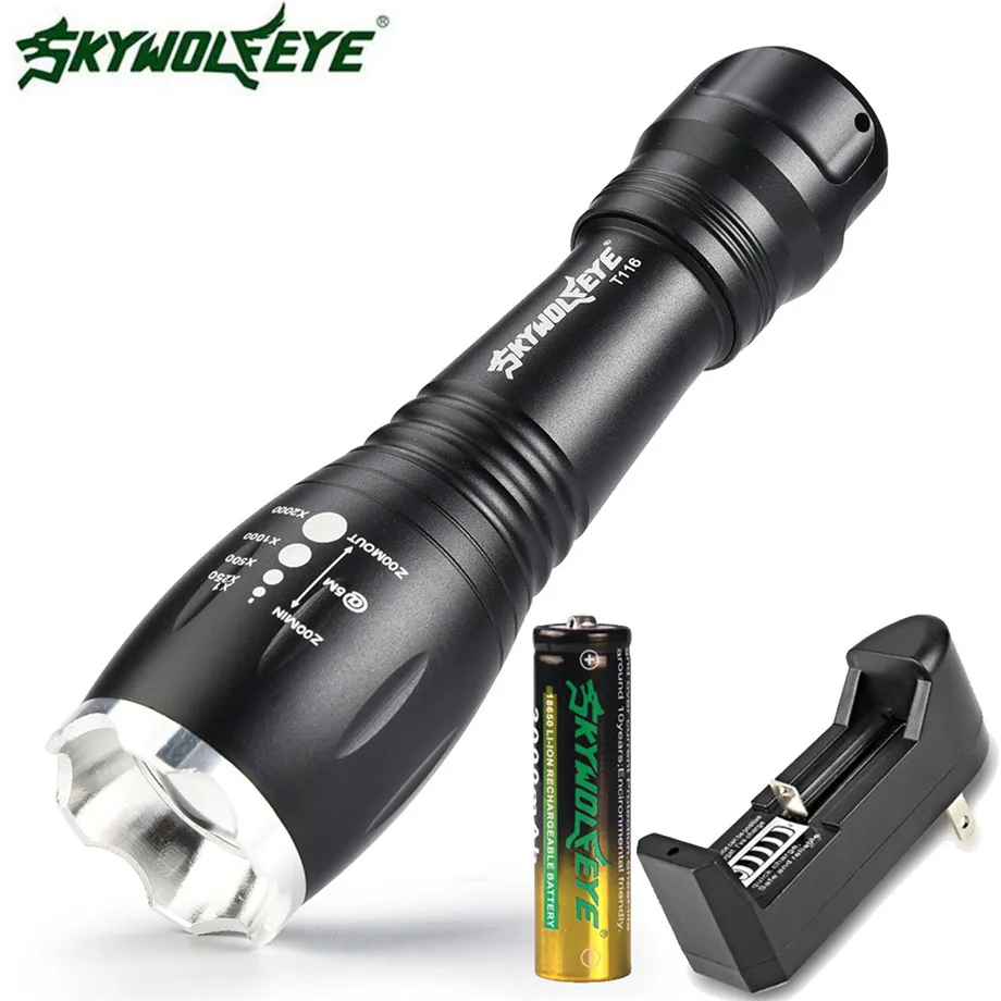 SKYWOLFEYE Тактический Zoomable 5-Mode XMLT6 светодиодный светильник вспышки Militar фонарь светильник+ 18650+ зарядное устройство дропшиппинг#1101