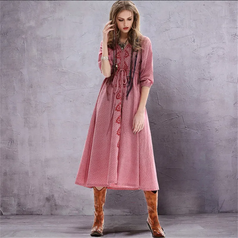Винтажное элегантное женское платье туника из хлопка и льна с v образным вырезом