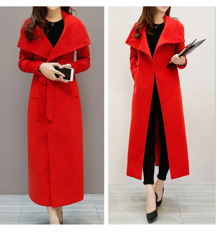 Женское шерстяное пальто длинное приталенное однотонного цвета с поясом