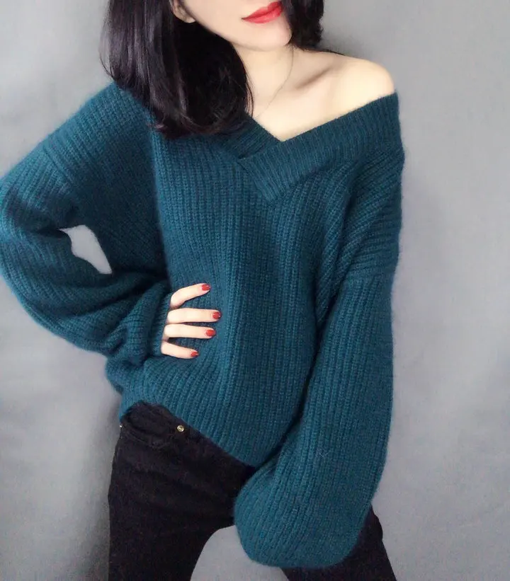 2021 New Pullovers Female Cashmere Sweater Pure Casual V-neck Short Design Basic Knitted Tops | Женская одежда