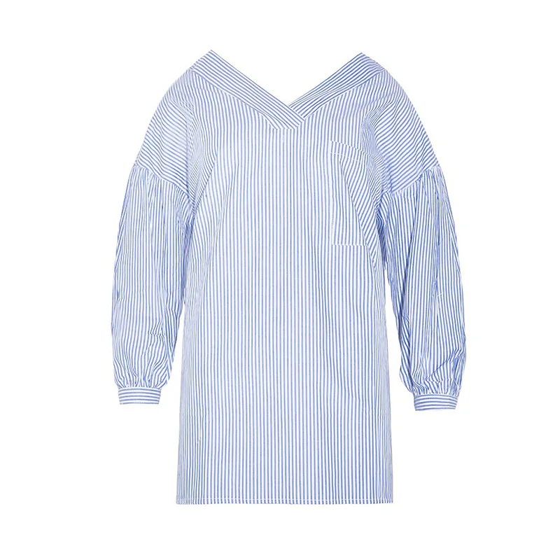 2017 Новый Сладкий Контрастность Синий Белой Полосой Печатные Платья Один Карман