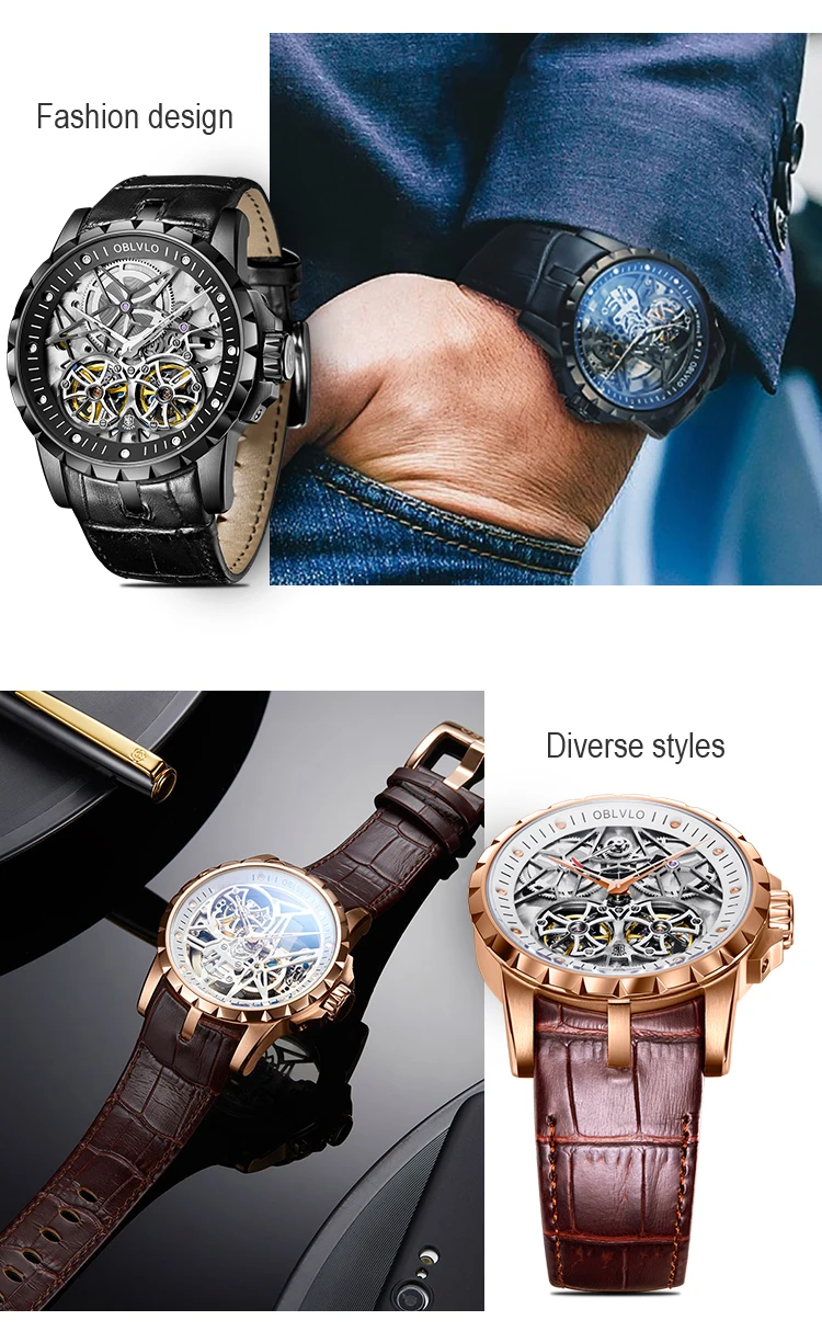 OBLVLO все черные армейские военные прозрачные часы для мужчин Tourbillon деловые часы кожаные Relogio Masculino часы OBL3606