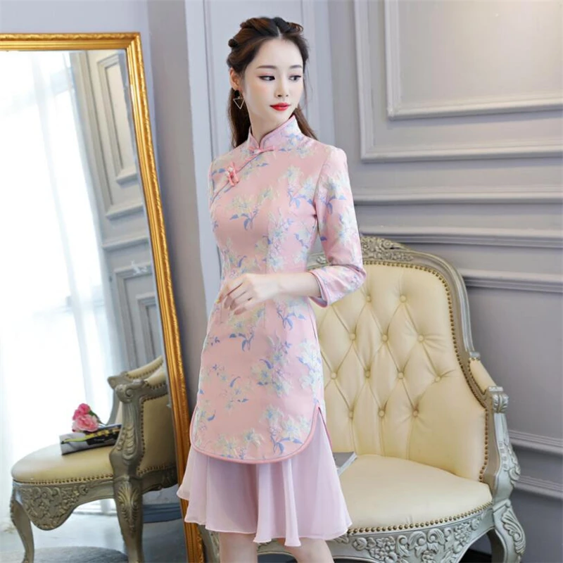 2019 Ретро Женская Китайская cheongsam Улучшенная Роскошная жаккардовая традиционная