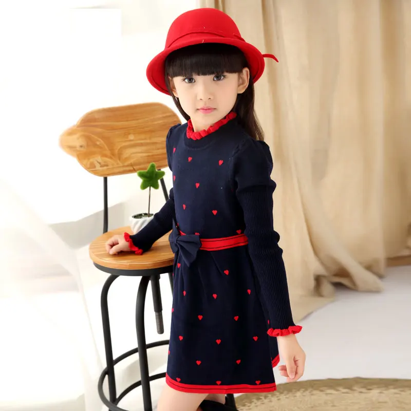 Kids Girls' Fall Winter Dress One-piece Sweater with Bow Heart Shape Printed Knit 1192 | Детская одежда и обувь