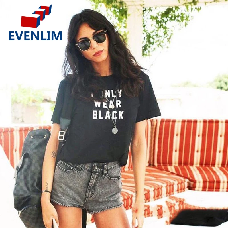 Evenlim черный тонкий футболка принт Для женщин панк рок одноцветные футболки