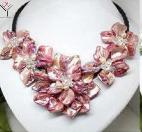 Women Jewelry natural pearl crystal bright light red 5 flowers pendant shell mother of necklace black leather 18&quot | Украшения и