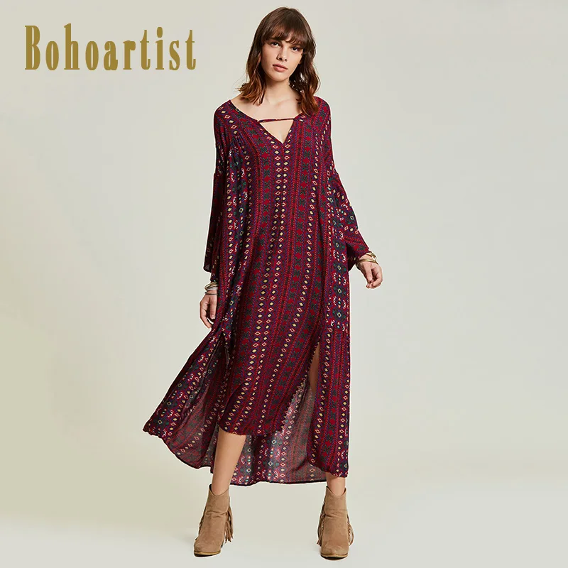 Bohoartist женское макси платье цветочный принт расклешенный рукав v образный вырез