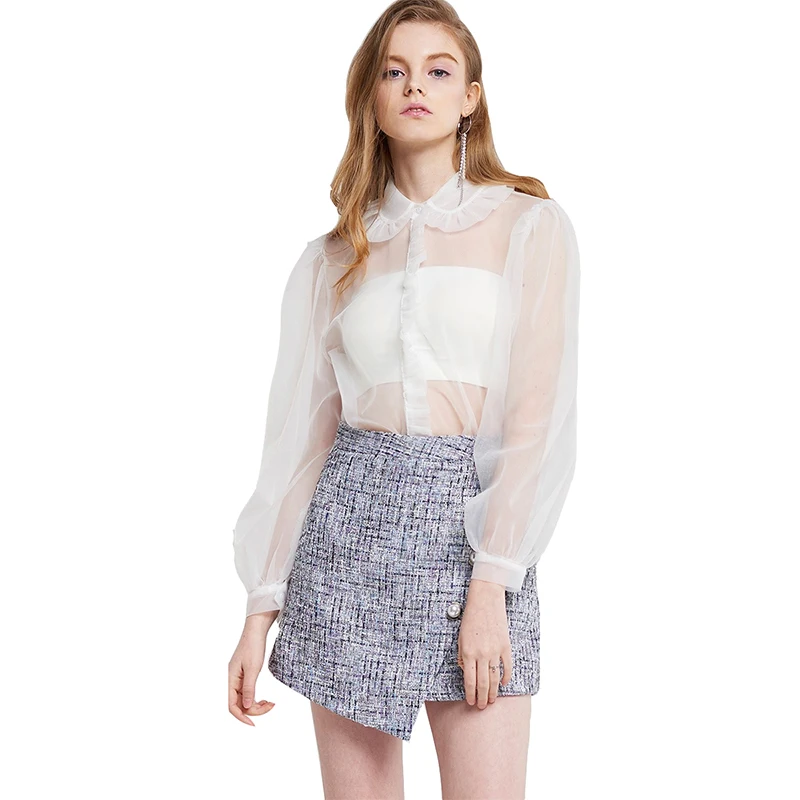 Zhizaolian Для женщин Повседневное одноцветное Белый See Through сетки блузка Chic свободные