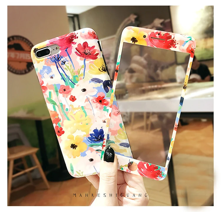 For iphone 7 7plus Luxury Peach blossom phone Cases Cover + Tempered Glass Screen Protector for iPhone 8plus 8 Flower Fudas |