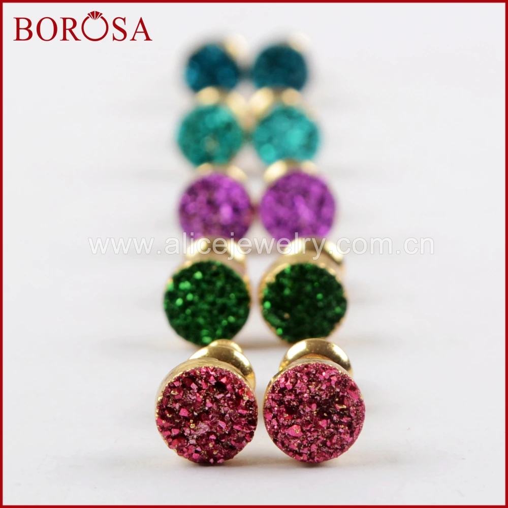 BOROSA Design 6mm Round Gold Color Titanium Mixed Electroplated Druzy Stud Earrings Fashion Drusy Jewelry G1619 | Украшения и