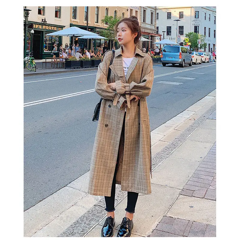 Модное длинное пальто женское повседневное клетчатое двубортное офисное