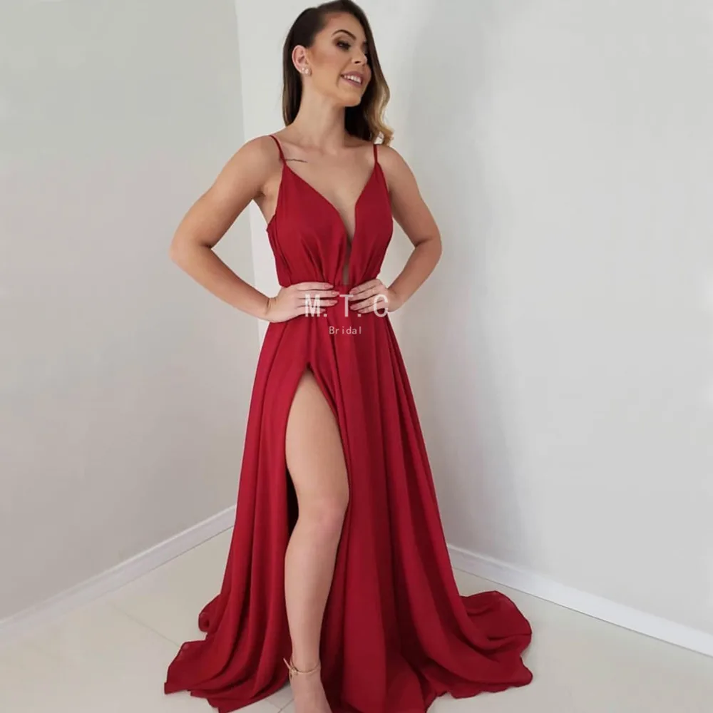 

Vestido De Festa 2019 Dark Red Chiffon Long Formal Evening Dress High Slit A Line Spaghetti Strap Sexy Prom Party Gowns Cheap
