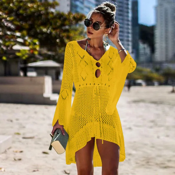 Вязаное крючком белое пляжное платье 2019 Женская Туника длинная Парео Бикини