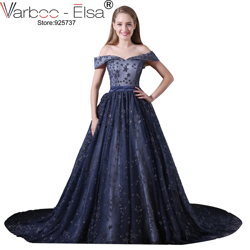 

VARBOO_ELSA Long Evening Dress 2021 Dark Blue Lace Prom Dress Lace Embroidery Party Ball Gown Sweetheart Graduation Dress Custom