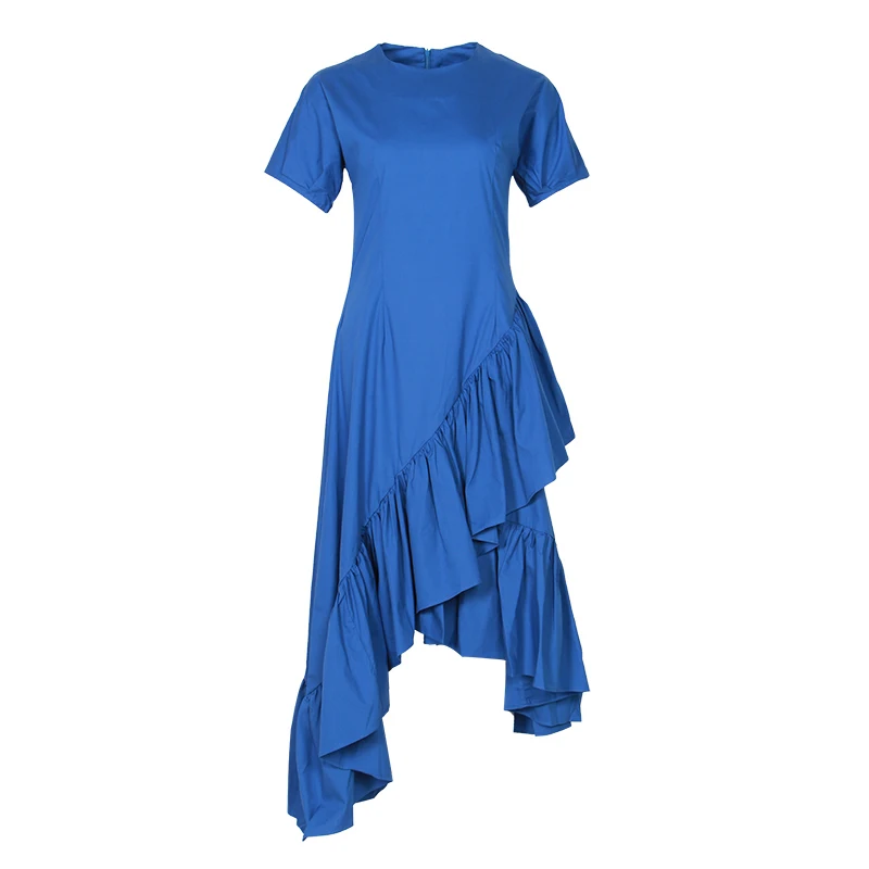 TWOTWINSTYLE летнее однотонное платье для женщин с круглым вырезом и коротким рукавом, с высокой талией, с рюшами, тонкие асимметричные платья, женская мода