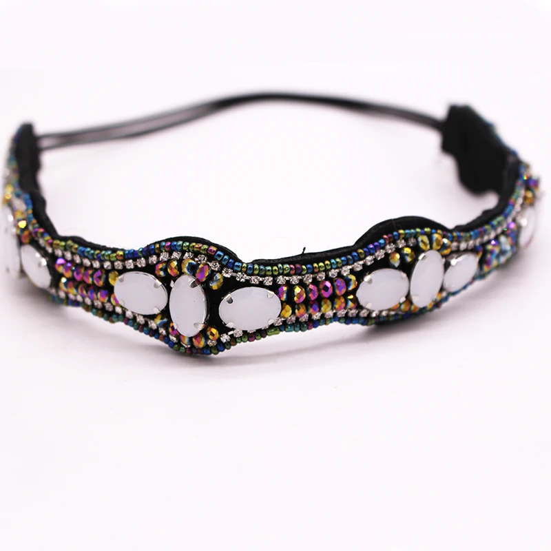 

Metting Joura Vintage Bohemian Opal Big Beads Handmade Headband Colored Rhinestone Elastic Hair Band Hair Accessory