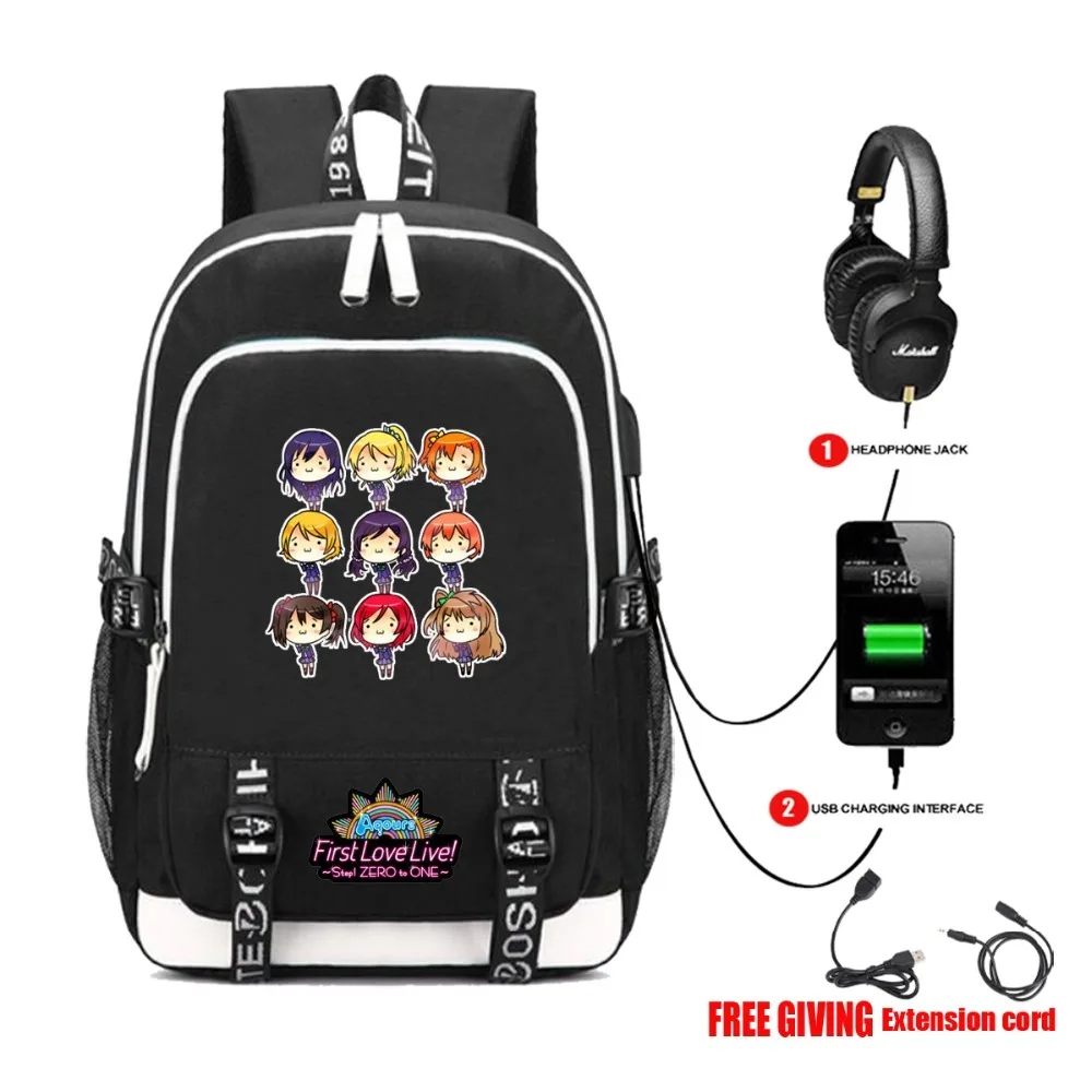

USB Charge Headphone Jack Teenagers School Bags Laptop Backpack Double Shoulder Bags Travel Bags anime lovelive Casual Backpack
