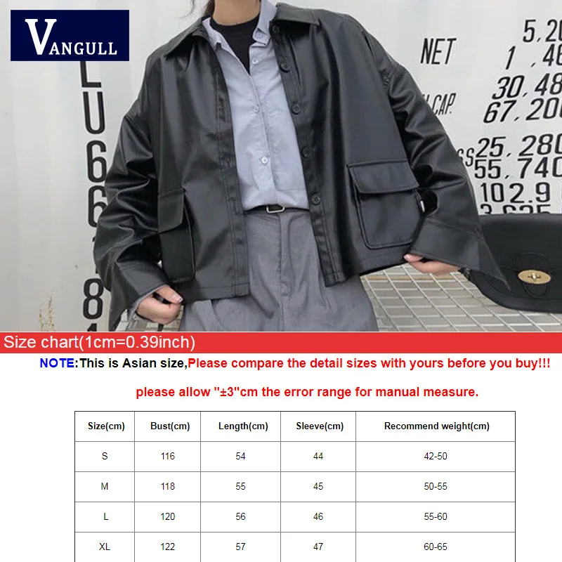 

Vangull New Big Black Pocket Patched PU Leather Jacket 2019 Fashion Long Sleeve Cropped Jacket Women Streetwear Short Overcoat