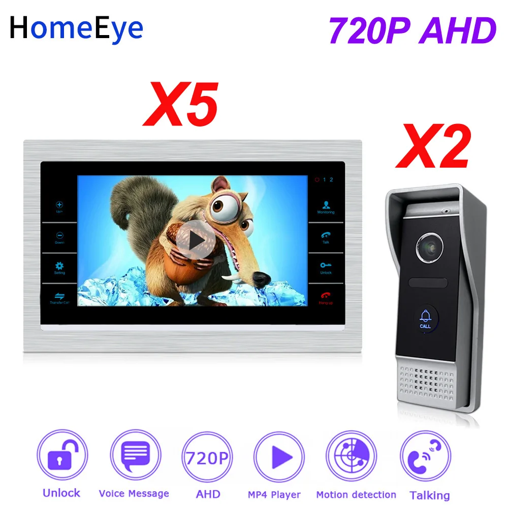 HomeEye 2 to 5 Home Access Control System 720P HD Video Door Phone Video Intercom Touch Screen Voice Message Customize Ringtone