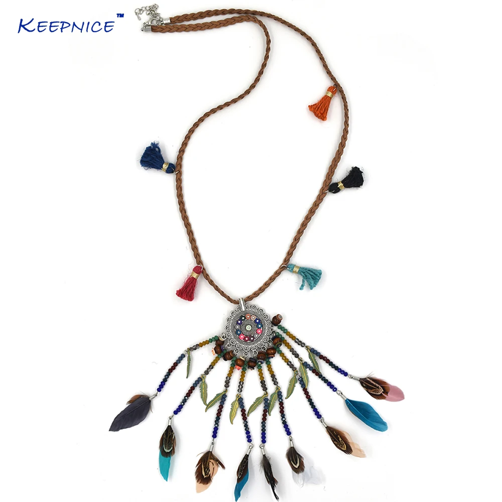 

New Handmade Bohemia Boho Long Fringe Tassel Pendant Tribal Maxi Necklace Colorful Beaded Tassel Feather Pendants Necklace